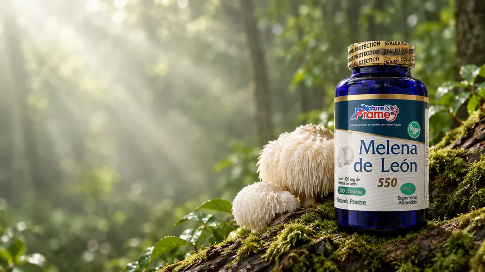 Hongo melena de león creciendo en el bosque junto al frasco PRAME