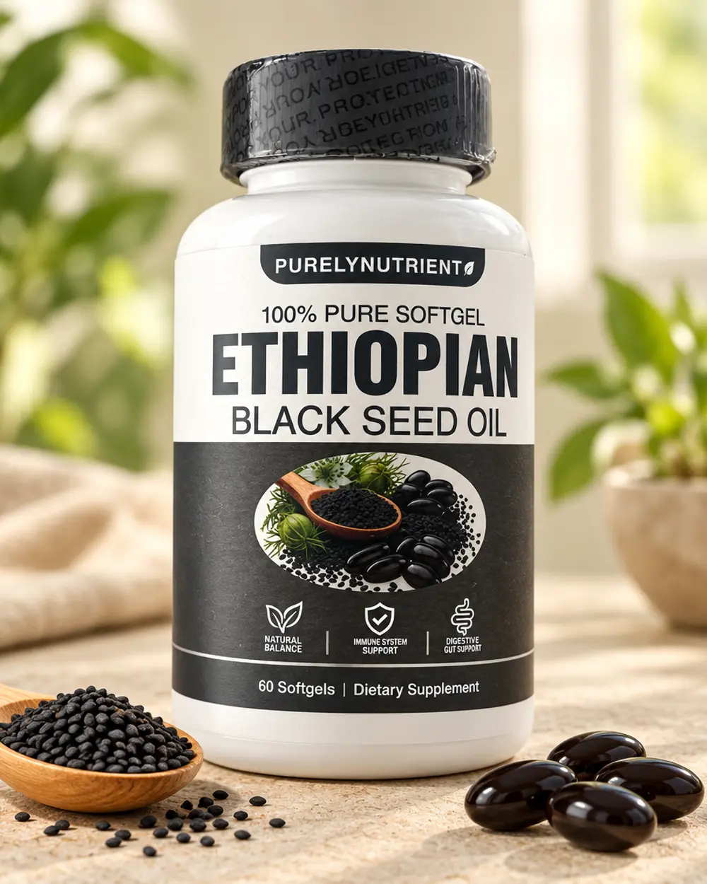 Aceite de semilla negra etíope en cápsulas, frasco de 60 softgels con semillas de nigella sativa